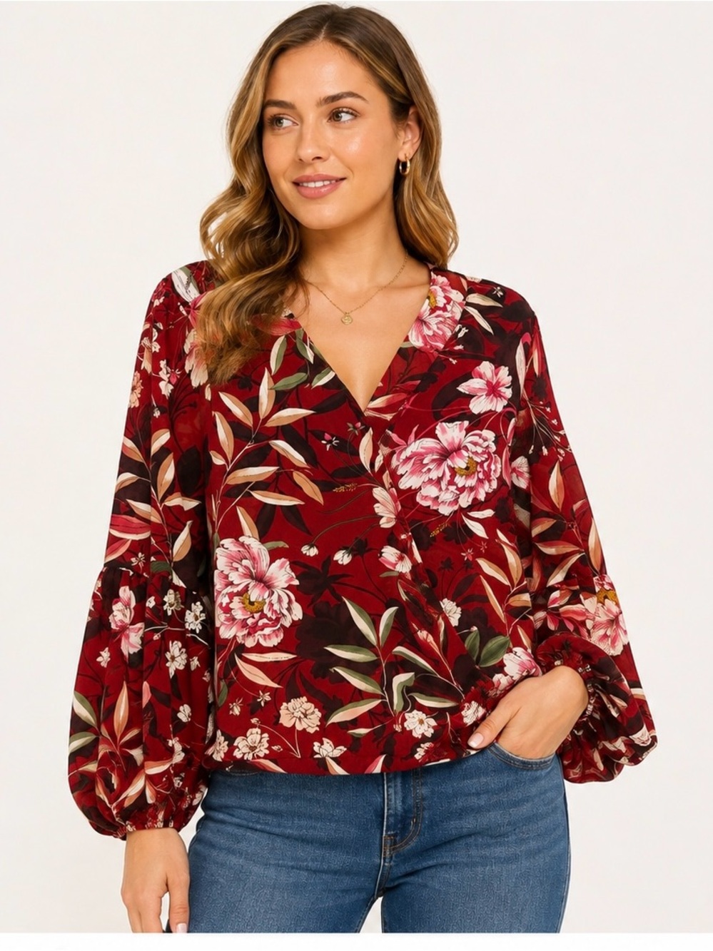 40. Floral Wrap Blouse in Burgundy